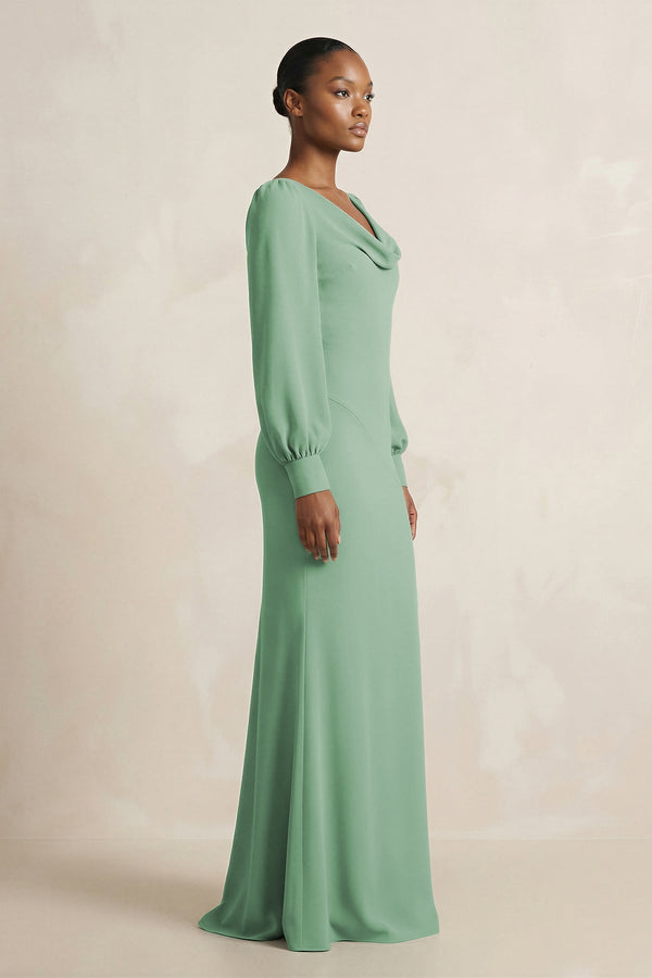 Long Sleeve V - Neck Sheath Chiffon Bridesmaid Dress in Sea Glass - SHE IS ME Bridesmaid Dresses