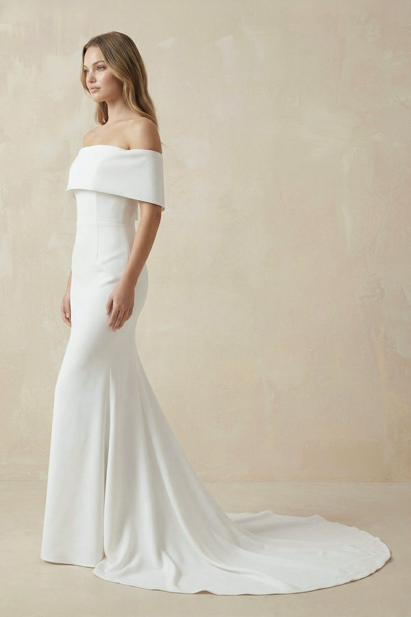 Mermaid Off - The - Shoulder Satin Wedding Dresses in White - SHE IS ME Wedding Dresses