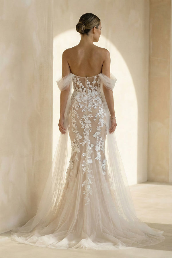 Mermaid Off the Shoulder Tulle Lace Wedding Dresses in White and Nude - SHE IS ME Wedding Dresses
