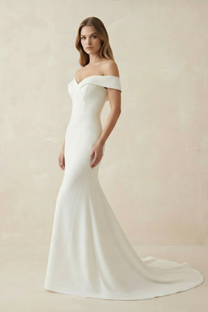 Mermaid Satin Off The Shoulder Wedding Dress in White - SHE IS ME Wedding Dresses