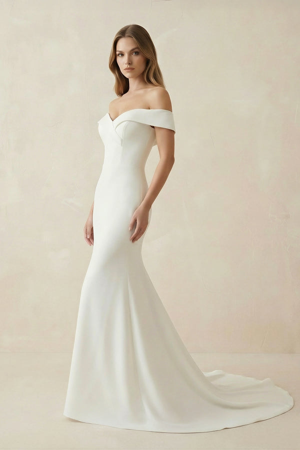 Mermaid Satin Off The Shoulder Wedding Dress in White - SHE IS ME Wedding Dresses