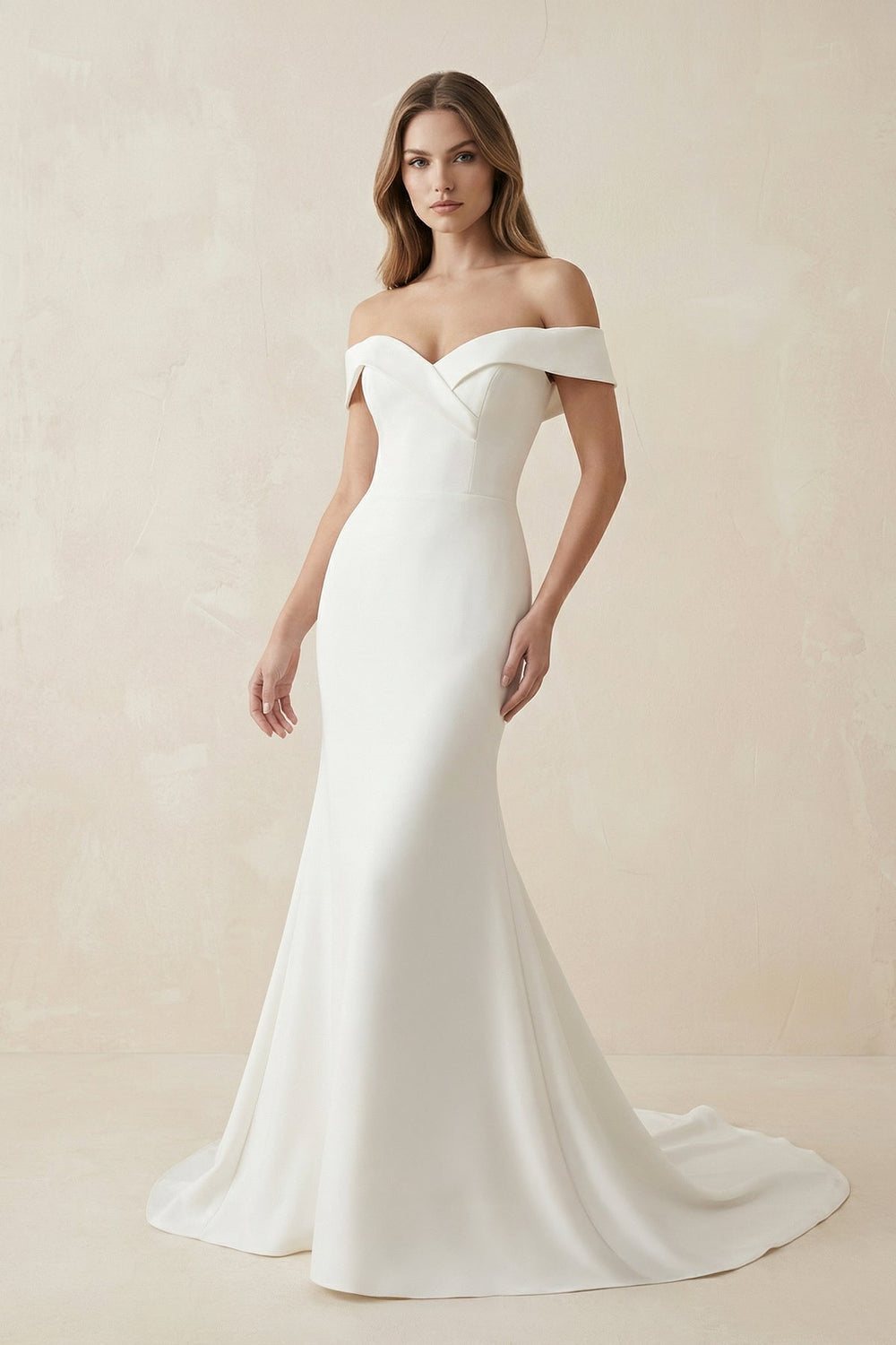 Mermaid Satin Off The Shoulder Wedding Dress in White - SHE IS ME Wedding Dresses