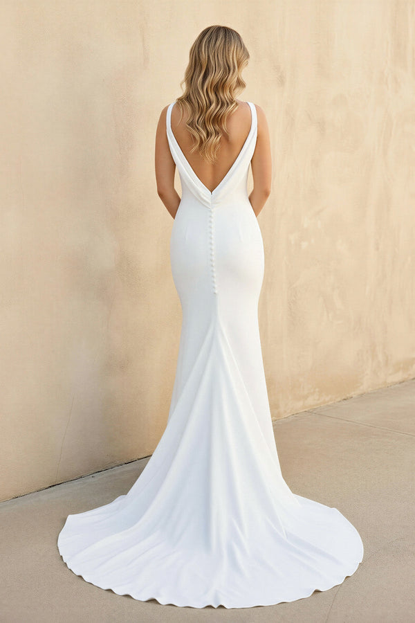Mermaid Satin V Neck Wedding Dress in White - SHE IS ME Wedding Dresses