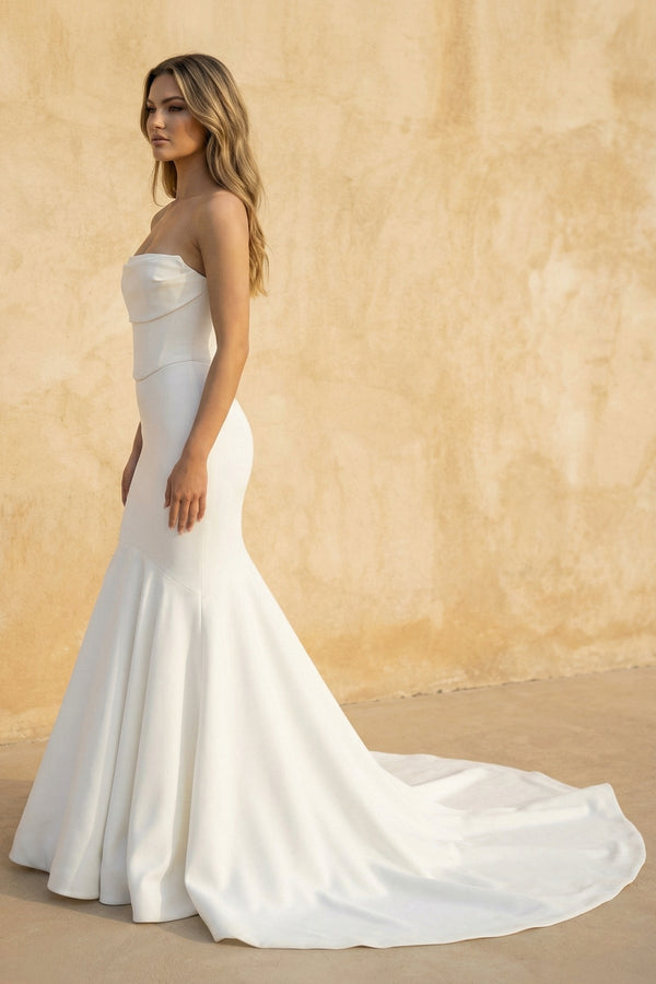 Mermaid Strapless Satin Wedding Dress in White - SHE IS ME Wedding Dresses