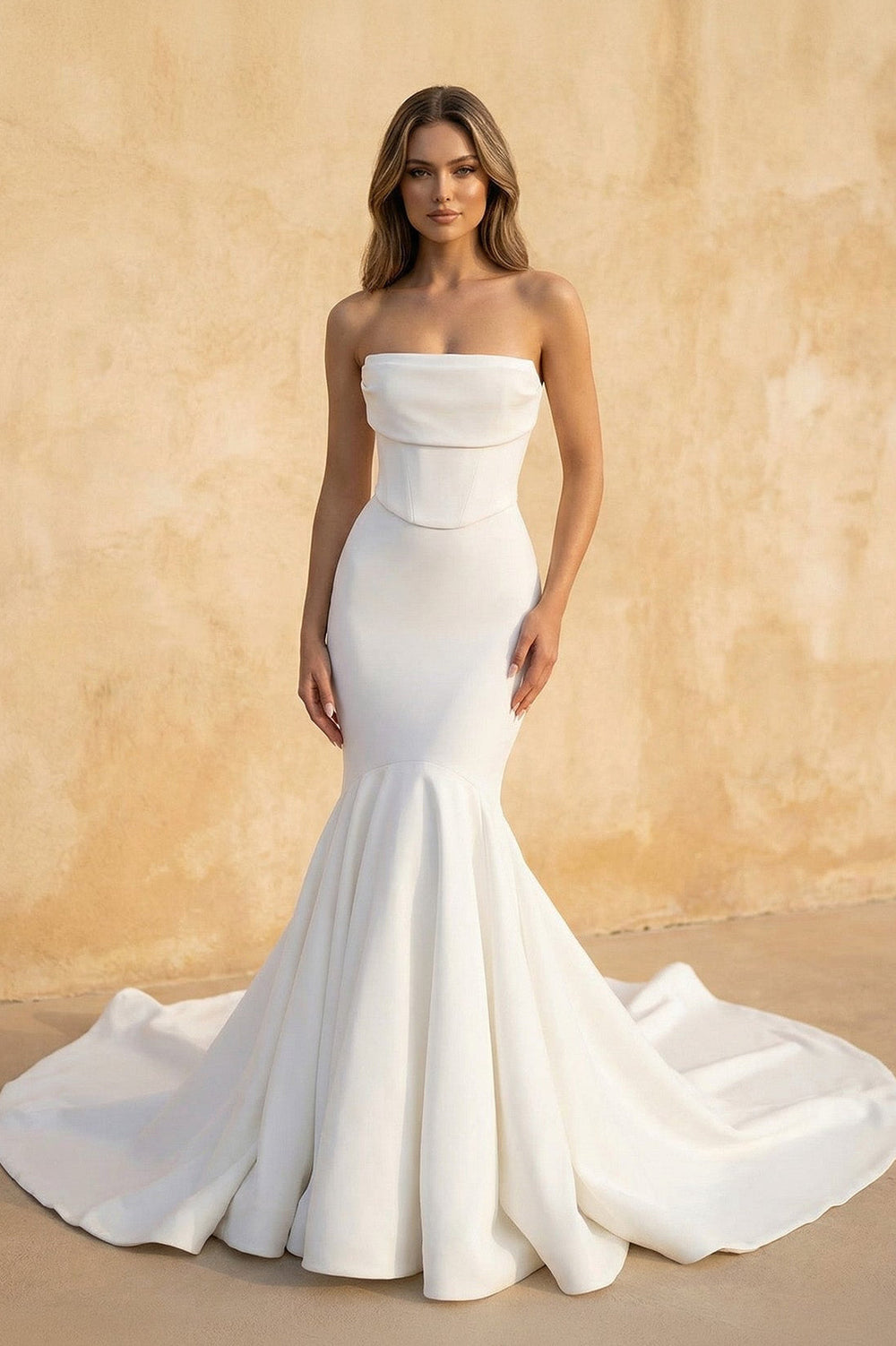 Mermaid Strapless Satin Wedding Dress in White - SHE IS ME Wedding Dresses