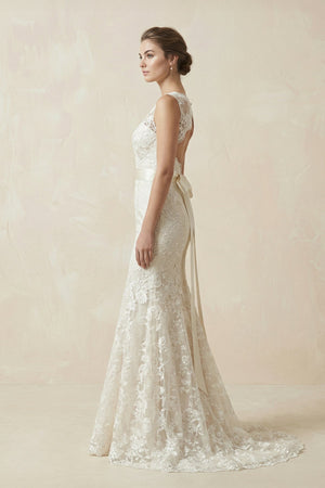 Mermaid V Neck Lace Open Back Wedding Dress in White and Nude - SHE IS ME Wedding Dresses