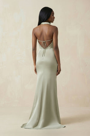 Mermaid V - Neck Satin Bridesmaid Dress With Slit in Frost - SHE IS ME Bridesmaid Dresses