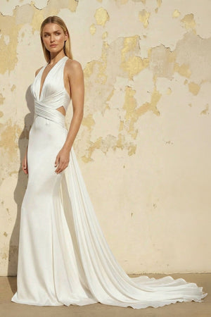 Mermaid V Neck Satin Wedding Dress in White - SHE IS ME Wedding Dresses