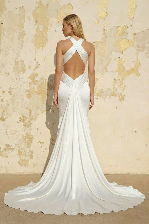 Mermaid V Neck Satin Wedding Dress in White - SHE IS ME Wedding Dresses
