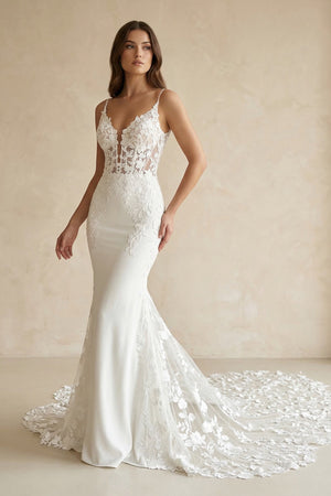 Mermaid V Neck Satin Wedding Dress With Appliques in White - SHE IS ME Wedding Dresses