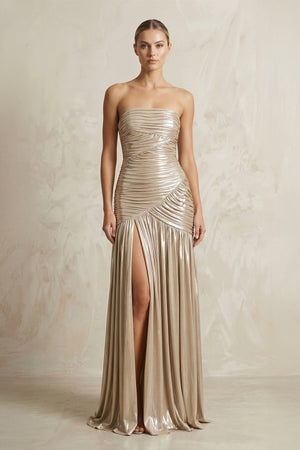 Metallic Pleated Maxi Dress With Slit in Champagne