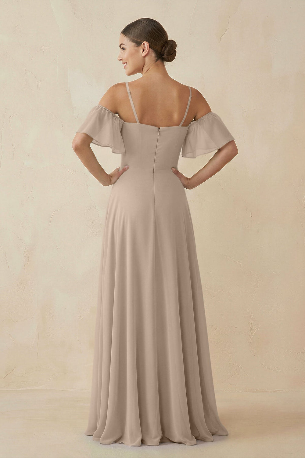 Off - the - Shoulder A - Line Chiffon Bridesmaid Dress in Almond - SHE IS ME Bridesmaid Dresses