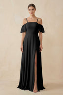 Off - the - Shoulder A - Line Chiffon Bridesmaid Dress in Black - SHE IS ME Bridesmaid Dresses