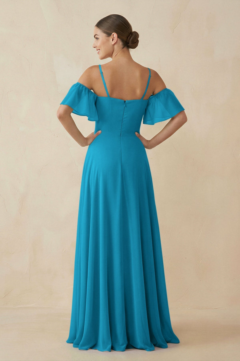 Off - the - Shoulder A - Line Chiffon Bridesmaid Dress in Blue Jay - SHE IS ME Bridesmaid Dresses