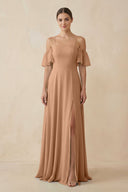 Off - the - Shoulder A - Line Chiffon Bridesmaid Dress in Bronzer - SHE IS ME Bridesmaid Dresses