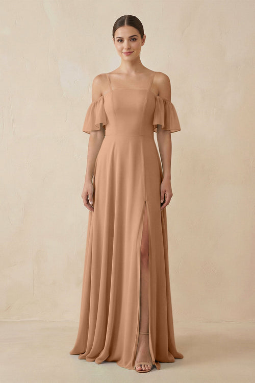 Off - the - Shoulder A - Line Chiffon Bridesmaid Dress in Bronzer - SHE IS ME Bridesmaid Dresses