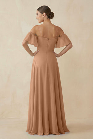 Off - the - Shoulder A - Line Chiffon Bridesmaid Dress in Bronzer - SHE IS ME Bridesmaid Dresses