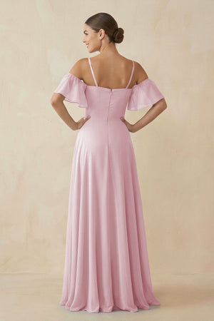 Off - the - Shoulder A - Line Chiffon Bridesmaid Dress in Candy Pink - SHE IS ME Bridesmaid Dresses