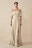 Off - the - Shoulder A - Line Chiffon Bridesmaid Dress in Champagne - SHE IS ME Bridesmaid Dresses