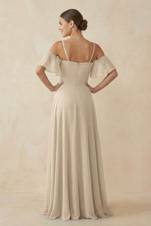 Off - the - Shoulder A - Line Chiffon Bridesmaid Dress in Champagne - SHE IS ME Bridesmaid Dresses