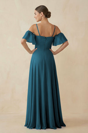 Off - the - Shoulder A - Line Chiffon Bridesmaid Dress in Dark Teal - SHE IS ME Bridesmaid Dresses