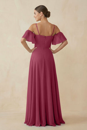 Off - the - Shoulder A - Line Chiffon Bridesmaid Dress in Desert Rose - SHE IS ME Bridesmaid Dresses