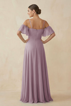 Off - the - Shoulder A - Line Chiffon Bridesmaid Dress in Dusk - SHE IS ME Bridesmaid Dresses