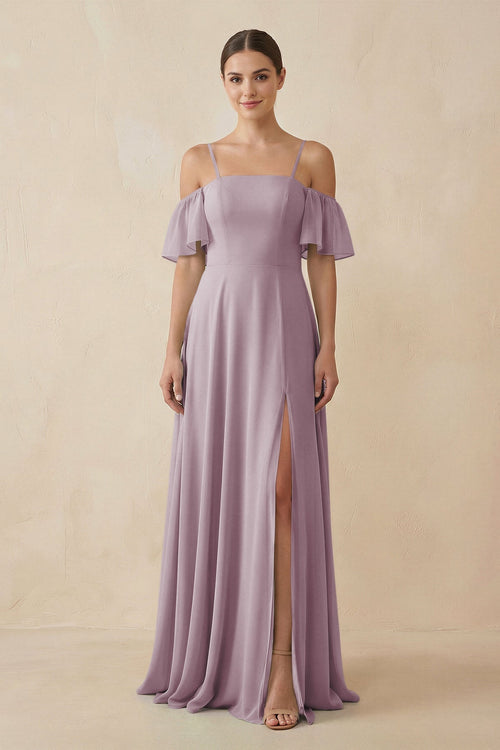 Off - the - Shoulder A - Line Chiffon Bridesmaid Dress in Dusk - SHE IS ME Bridesmaid Dresses