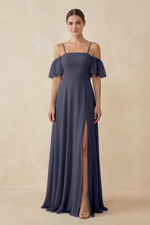Off - the - Shoulder A - Line Chiffon Bridesmaid Dress in Dusk Blue - SHE IS ME Bridesmaid Dresses