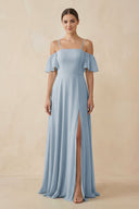 Off - the - Shoulder A - Line Chiffon Bridesmaid Dress in Dusty Blue - SHE IS ME Bridesmaid Dresses