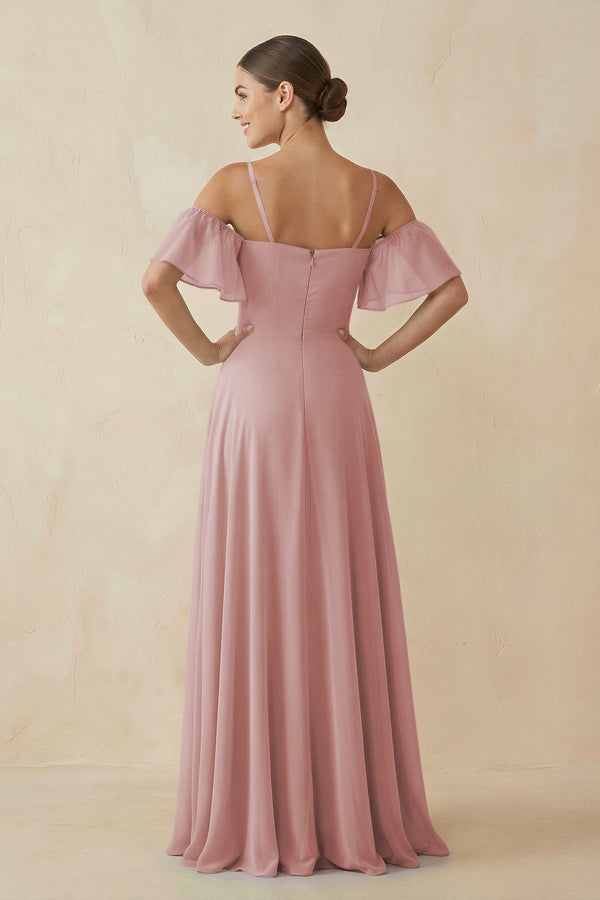 Off - the - Shoulder A - Line Chiffon Bridesmaid Dress in Dusty Rose - SHE IS ME Bridesmaid Dresses