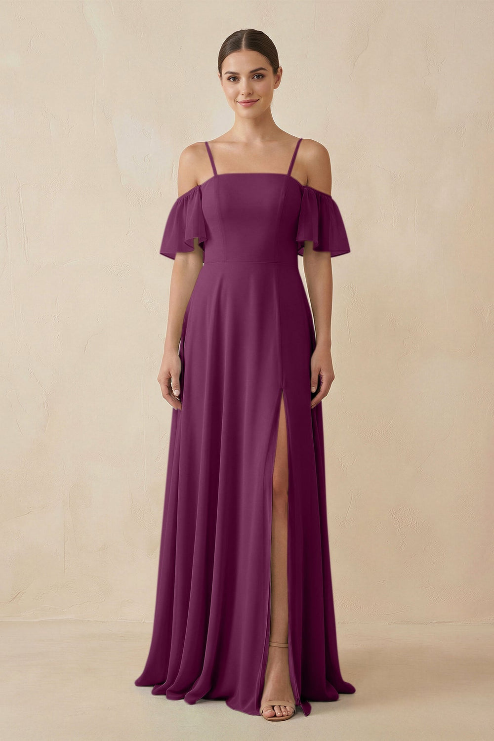 Off - the - Shoulder A - Line Chiffon Bridesmaid Dress in Fig - SHE IS ME Bridesmaid Dresses