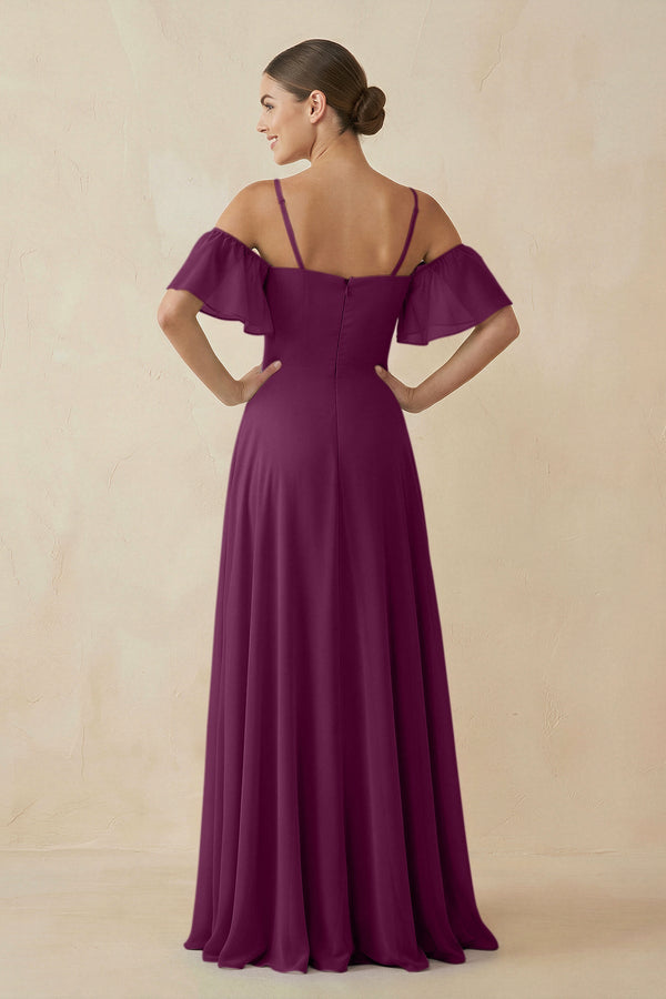 Off - the - Shoulder A - Line Chiffon Bridesmaid Dress in Fig - SHE IS ME Bridesmaid Dresses