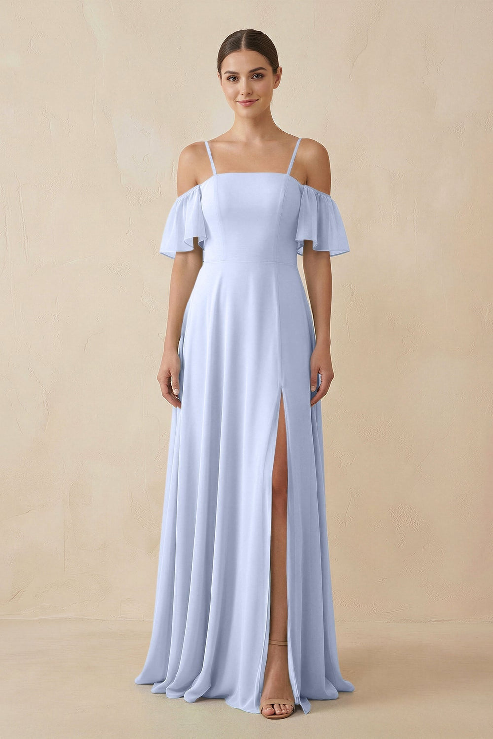 Off - the - Shoulder A - Line Chiffon Bridesmaid Dress in Ice - SHE IS ME Bridesmaid Dresses
