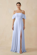 Off - the - Shoulder A - Line Chiffon Bridesmaid Dress in Ice - SHE IS ME Bridesmaid Dresses