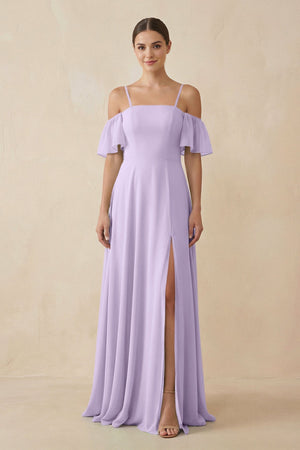 Off - the - Shoulder A - Line Chiffon Bridesmaid Dress in Lavender - SHE IS ME Bridesmaid Dresses