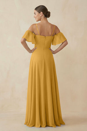 Off - the - Shoulder A - Line Chiffon Bridesmaid Dress in Marigold - SHE IS ME Bridesmaid Dresses