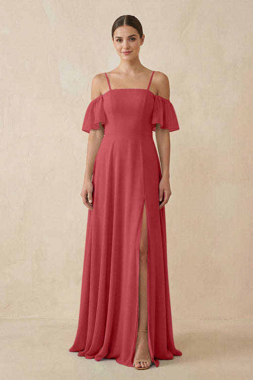 Off - the - Shoulder A - Line Chiffon Bridesmaid Dress in Merlot - SHE IS ME Bridesmaid Dresses