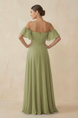 Off - the - Shoulder A - Line Chiffon Bridesmaid Dress in Moss Green - SHE IS ME Bridesmaid Dresses