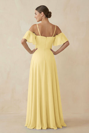 Off - the - Shoulder A - Line Chiffon Bridesmaid Dress in Pastel Yellow - SHE IS ME Bridesmaid Dresses