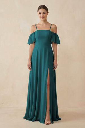 Off - the - Shoulder A - Line Chiffon Bridesmaid Dress in Pine - SHE IS ME Bridesmaid Dresses