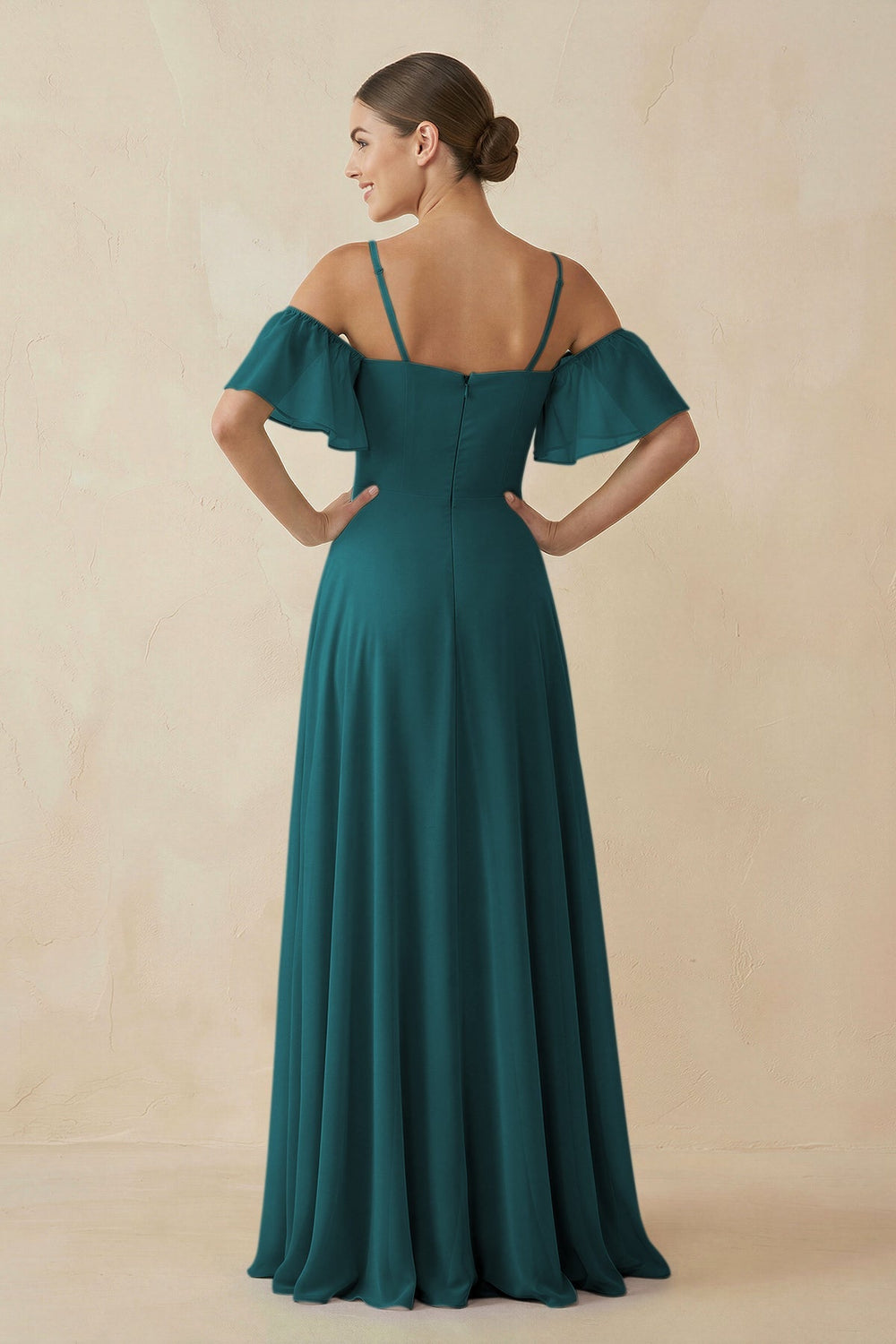 Off - the - Shoulder A - Line Chiffon Bridesmaid Dress in Pine - SHE IS ME Bridesmaid Dresses