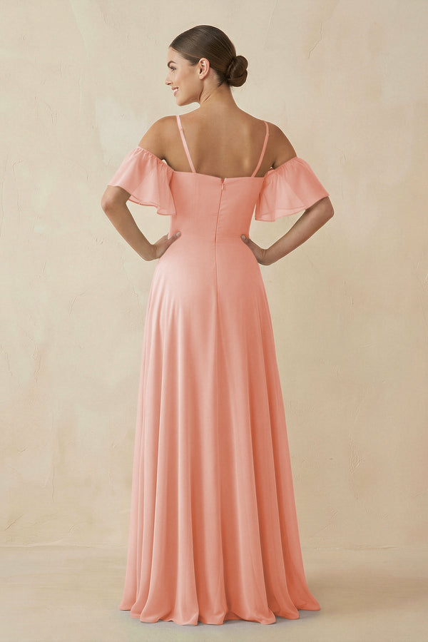 Off - the - Shoulder A - Line Chiffon Bridesmaid Dress in Rose Petal - SHE IS ME Bridesmaid Dresses