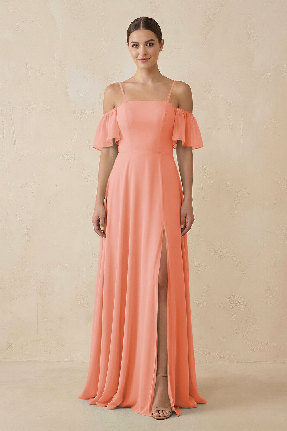 Off - the - Shoulder A - Line Chiffon Bridesmaid Dress in Rosette - SHE IS ME Bridesmaid Dresses