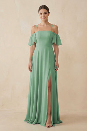 Off - the - Shoulder A - Line Chiffon Bridesmaid Dress in Sea Glass - SHE IS ME Bridesmaid Dresses