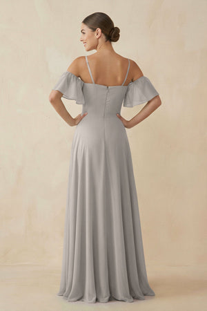 Off - the - Shoulder A - Line Chiffon Bridesmaid Dress in Silver - SHE IS ME Bridesmaid Dresses
