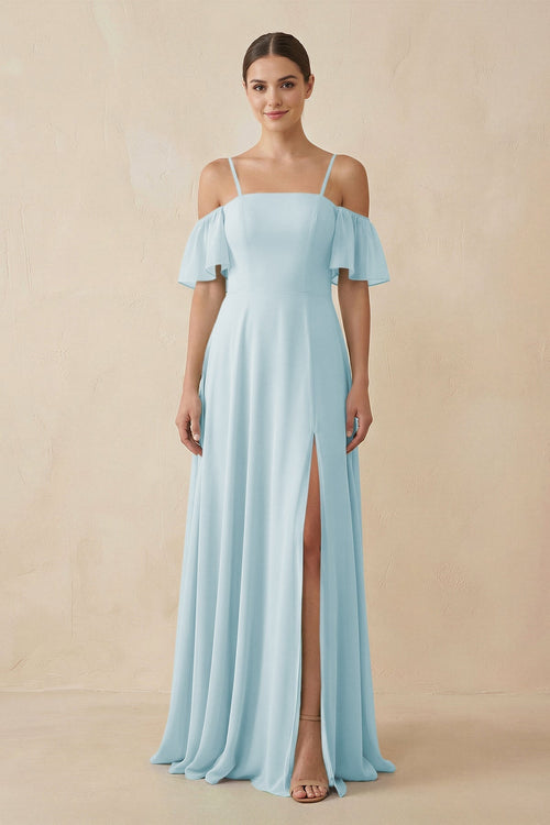 Off - the - Shoulder A - Line Chiffon Bridesmaid Dress in Sky Blue - SHE IS ME Bridesmaid Dresses