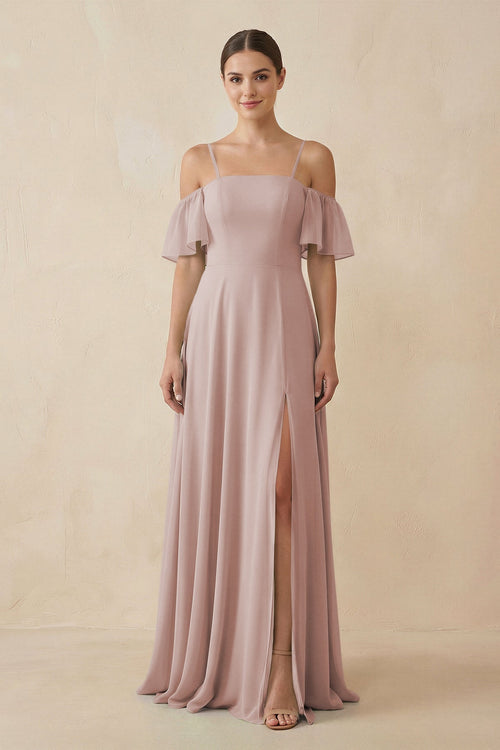 Off - the - Shoulder A - Line Chiffon Bridesmaid Dress in Toffee - SHE IS ME Bridesmaid Dresses