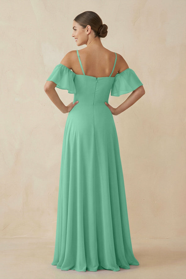 Off - the - Shoulder A - Line Chiffon Bridesmaid Dress in Turquoise - SHE IS ME Bridesmaid Dresses