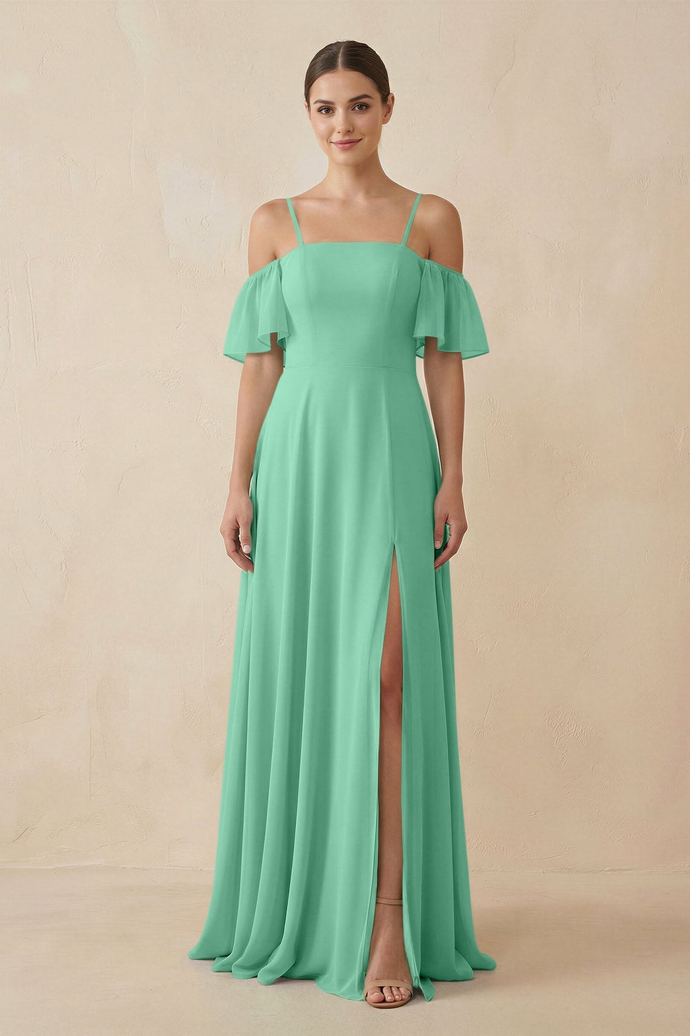Off - the - Shoulder A - Line Chiffon Bridesmaid Dress in Turquoise - SHE IS ME Bridesmaid Dresses